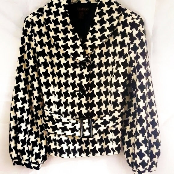 Chadwick's Women Sz 14P Jacket Blazer Bomber Office Houndstooth Belt Button Cuff - Picture 2 of 9